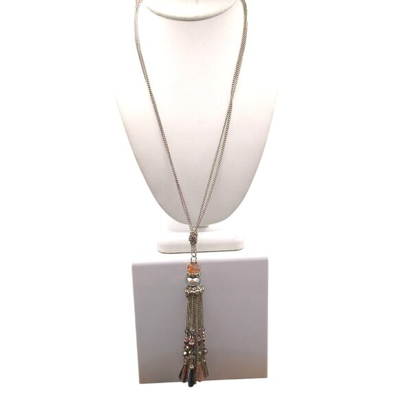 Crystal Chandelier Tassel Pendant Necklace, Soft Pink and Grey on Silver Tone - Picture 1 of 6